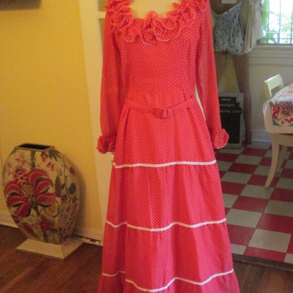 70s Red White Swiss Dot Maxi Dress Cottagecore SO CUTE - Picture 8 of 10